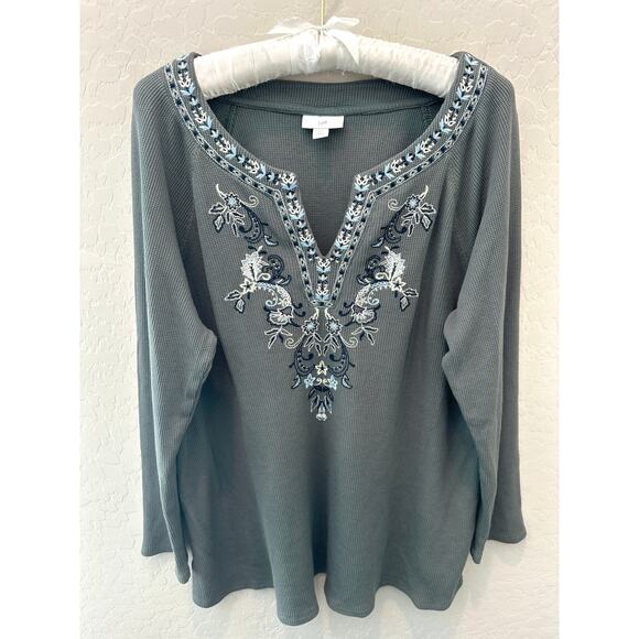 J.Jill Tops - J.JILL Petite Gray Embroidered Thermal Tunic Top Long Sleeve Cotton Blend Large